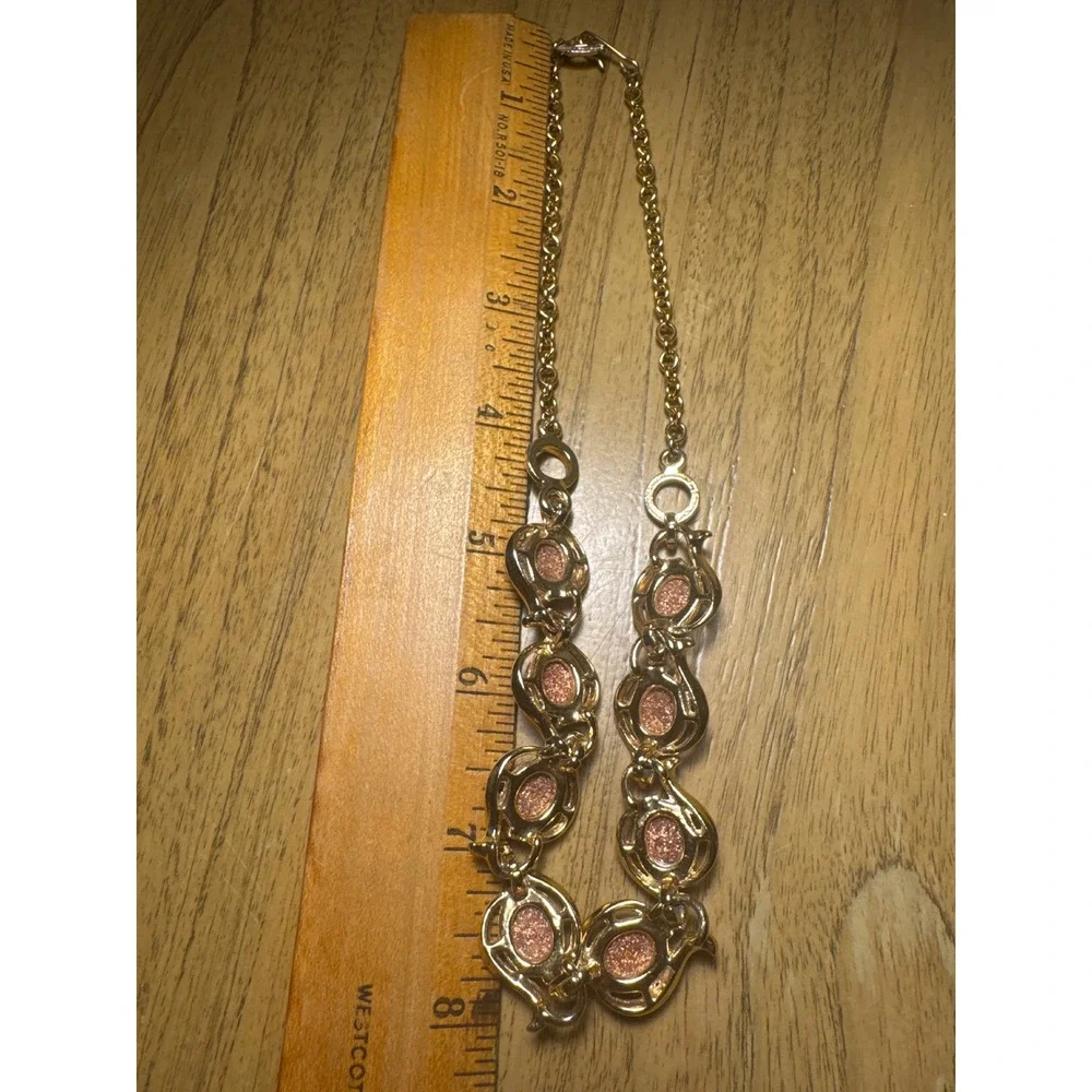 VTG Gold Tone Statement Collar Necklace Copper Textured Glitter Cabochons 16